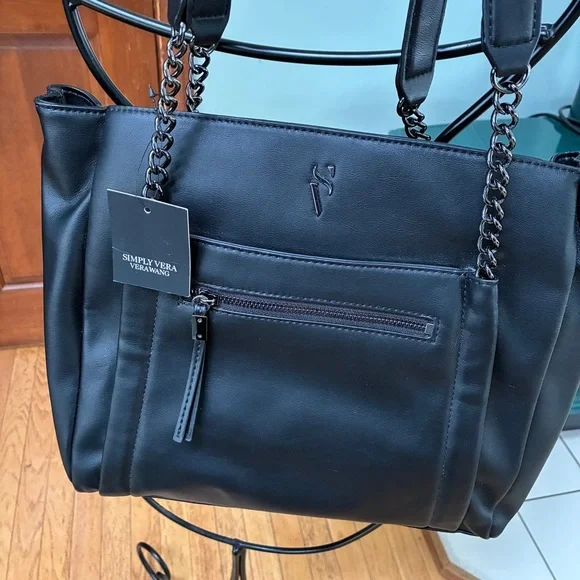 NWT Simply Vera Vera Wang Black Rockbridge Faux Leather Large Chain Tote Bag